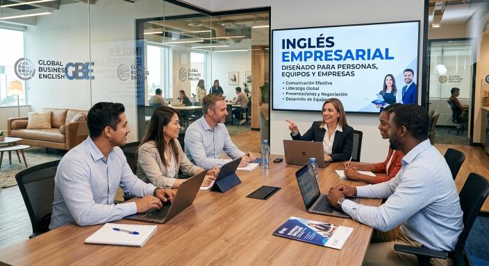 Reunión profesional de inglés empresarial con equipo diverso en oficina moderna