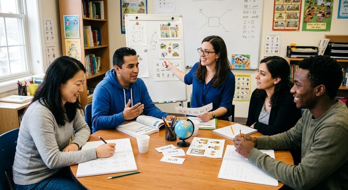 Clase interactiva de inglés con instructora y estudiantes en ambiente profesional