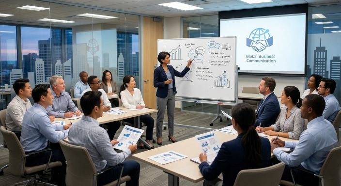 Capacitación de Global Business Communication con presentadora y equipo